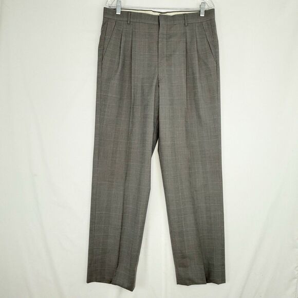 Mens Gray Plaid Pleated Cuffed Wool Dress Pants Size 34 X 32 - Picture 9 of 15